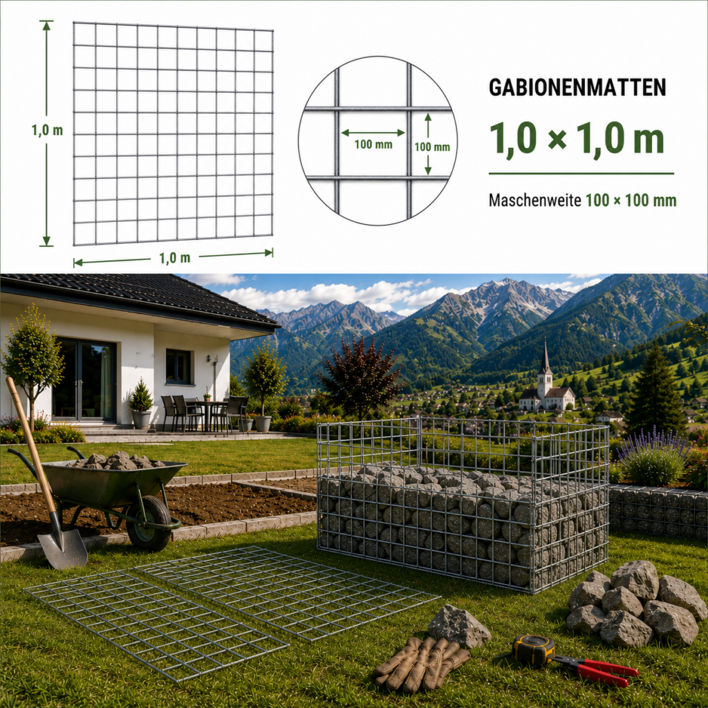 Gabionhálók 1,0 x 1,0 m — robuste verzinkte Matte für Gabionokwände