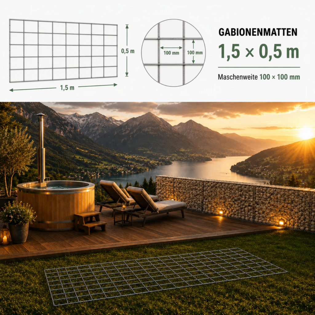 Gabionhálók 1,5 x 0,5 m — verzinkte Matte für lange niedrige Gabionok