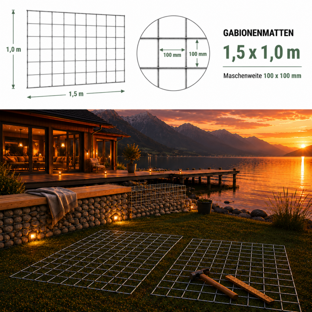 Gabionhálók 1,5 x 1,0 m — robuste verzinkte Matte für Sichtschutz und Gabionok