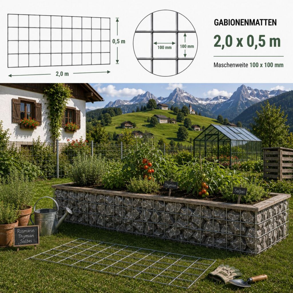 Gabionhálók 2,0 x 0,5 m — robuste verzinkte Matte für lange Gabionoklinien