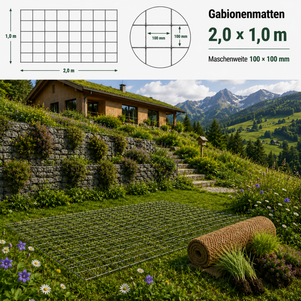 Gabionhálók 2,0 x 1,0 m — verzinkte Doppelstabmatte, Szemméret 100 x 100 mm