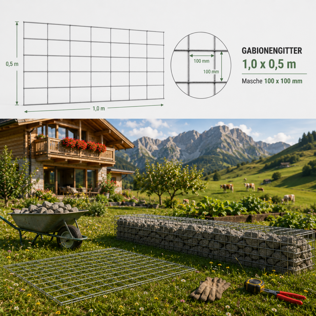 Gabionhálók 1,0 x 0,5 m — verzinkte Gittermatte für stabile Gabionok