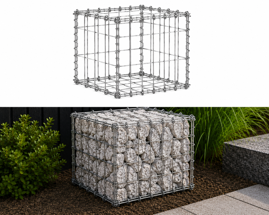 Gabionokkorb 0,5 x 0,5 x 0,5 m Vertikal — verzinkter Gabionokkorb mit Masche 50 x 100 mm